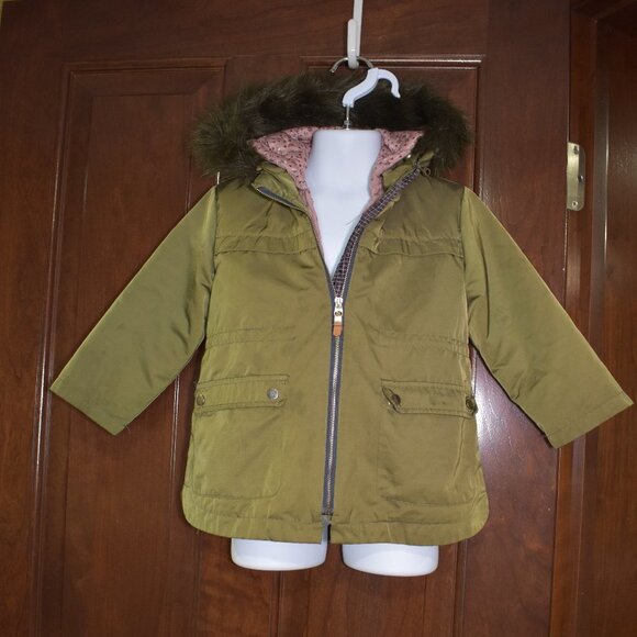 Zara Girls Reversible Jacket 2/3 Years | Green & Pink Hooded Coat with Faux Fur - Picture 1 of 10
